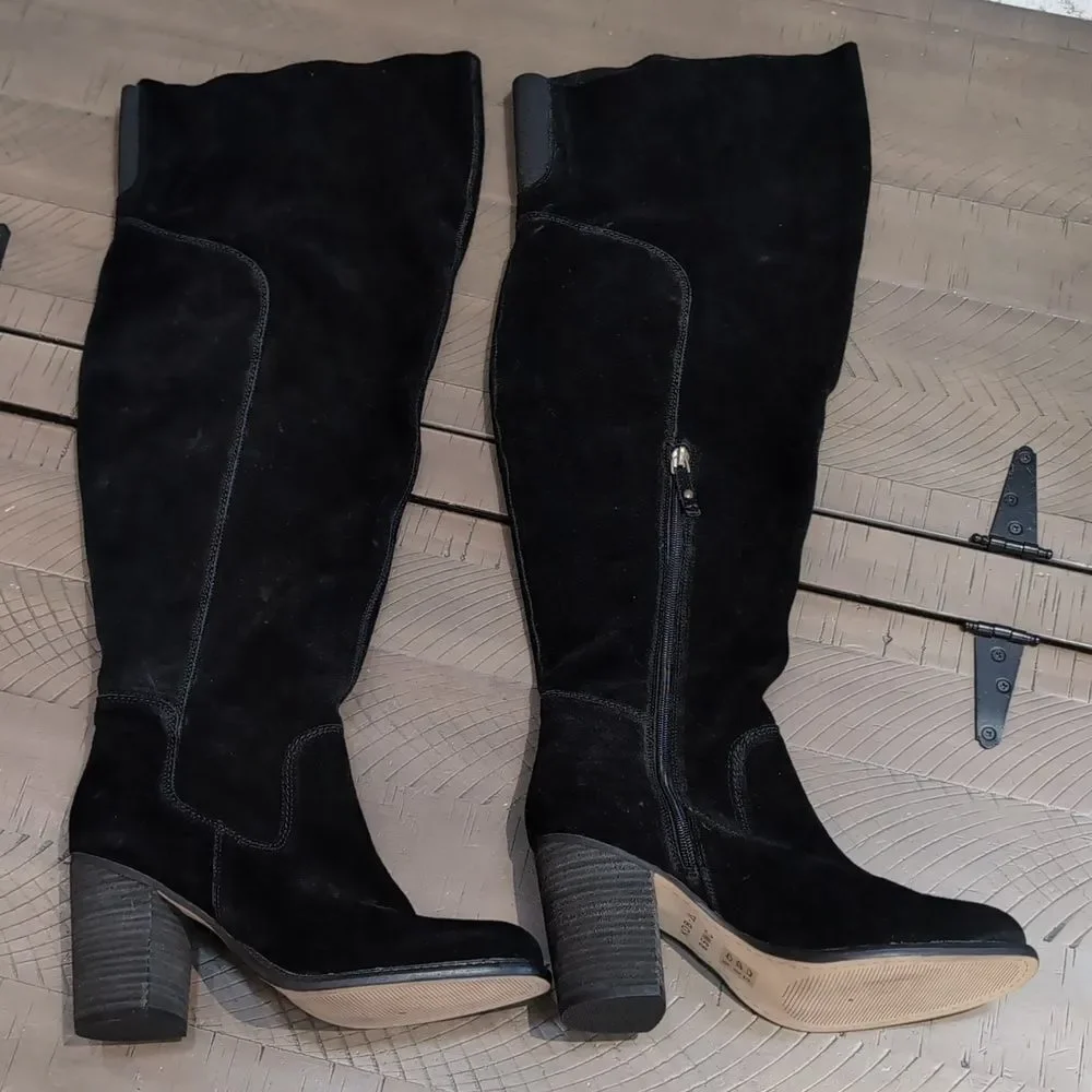 Kelsi Dagger Brooklyn Logan Over The Knee Boots Black Suede Stacked Heel Sz 9.5